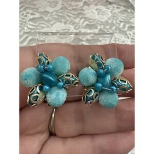Vintage 1950s Clip On Earrings Hong Kong Vintage MCM Blue Beaded